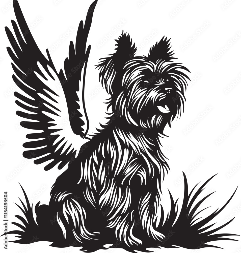 Obraz premium Yorkshire Terrier Canine Sitting with Wings Stylized Silhouette Vector Illustration Graphic