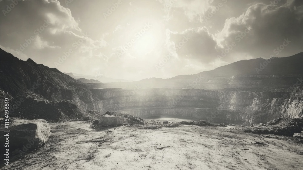 Harsh Sunlight on Mining Landscape with Excavation Scars