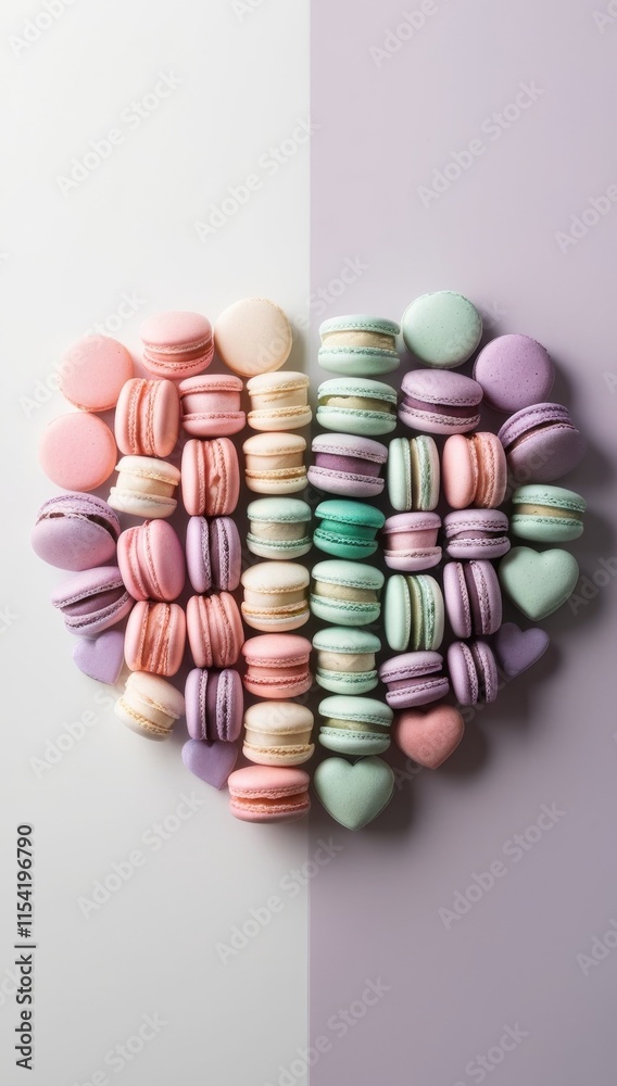 Heart shaped macarons arranged on a lavender background with copy space for text. Perfect for Valentine's Day celebrations Heart shaped macarons arranged on a lavender background with copy space for text. Perfect for Valentine's Day celebrations