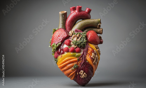 A human heart, anatomically accurate, but constructed entirely of a vibrant assortment of organic fruits, vegetables, nuts, and seeds. photo