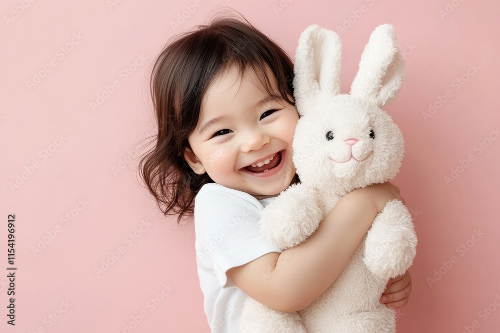 A joyful toddler hugs a soft bunny toy, embodying Easter joy with a bright smile, set against a pastel pink backdrop adorned with colorful decorations celebrating the festive occasion A joyful toddler hugs a soft bunny toy, embodying Easter joy with a bright smile, set against a pastel pink backdrop adorned with colorful decorations celebrating the festive occasion