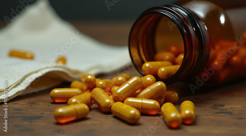 Capsules spill out of an brown bottle on a wooden table