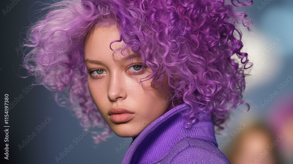 Portrait of a woman in winter purple coat with curly lilac (purple) hair. Closeup face with makeup. Podium catwalk Portrait of a woman in winter purple coat with curly lilac (purple) hair. Closeup face with makeup. Podium catwalk