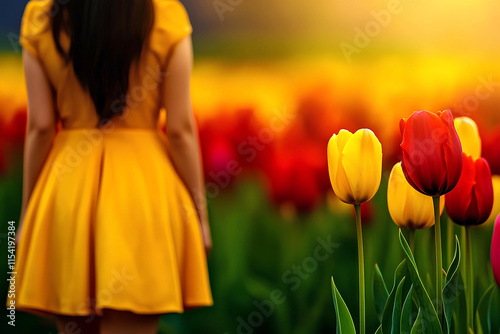 Back view of brunette woman in a yellow dress strolling through tulip rows. Copy space. photo