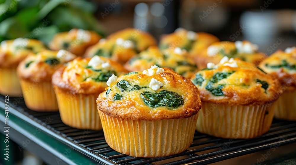 Baked spinach feta breakfast muffins golden crust vibrant spinach pieces Baked spinach feta breakfast muffins golden crust vibrant spinach pieces