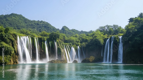 Breathtaking Waterfalls Cascading Into Tranquil Blue Lake Surrounded by Greenery