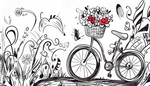 Bicycle with Flower Basket, Whimsical Floral Background, Spring Ride, Design Element. photo