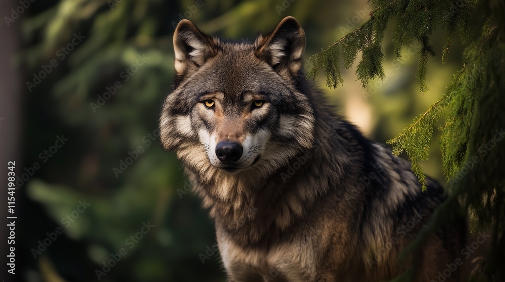 Obraz premium A wolf gazing intently while surrounded by forest greenery in soft light.