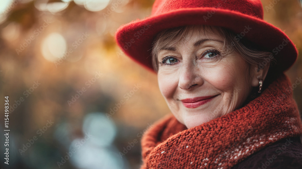 Woman wearing a red hat and scarf smiles in a sunny autumn park setting. Woman wearing a red hat and scarf smiles in a sunny autumn park setting.