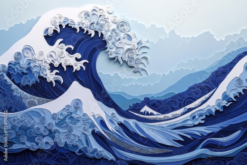 Ocean wave with foam and intricate sea patterns paper cutting. A dynamic depiction of the ocean's power and its continual ebb and flow.