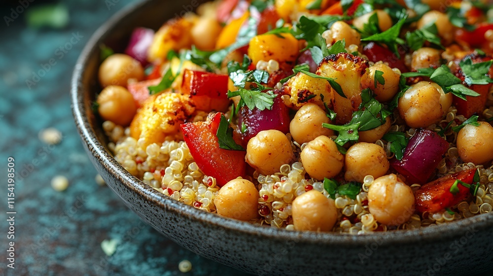 Quinoa bowl roasted cauliflower and chickpeas colorful and savory closeup Quinoa bowl roasted cauliflower and chickpeas colorful and savory closeup