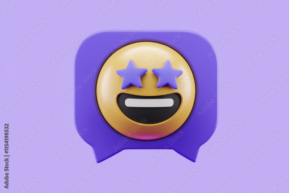 A 3D rendered emoticon with stars for eyes, expressing joy and excitement within a speech bubble. A 3D rendered emoticon with stars for eyes, expressing joy and excitement within a speech bubble.
