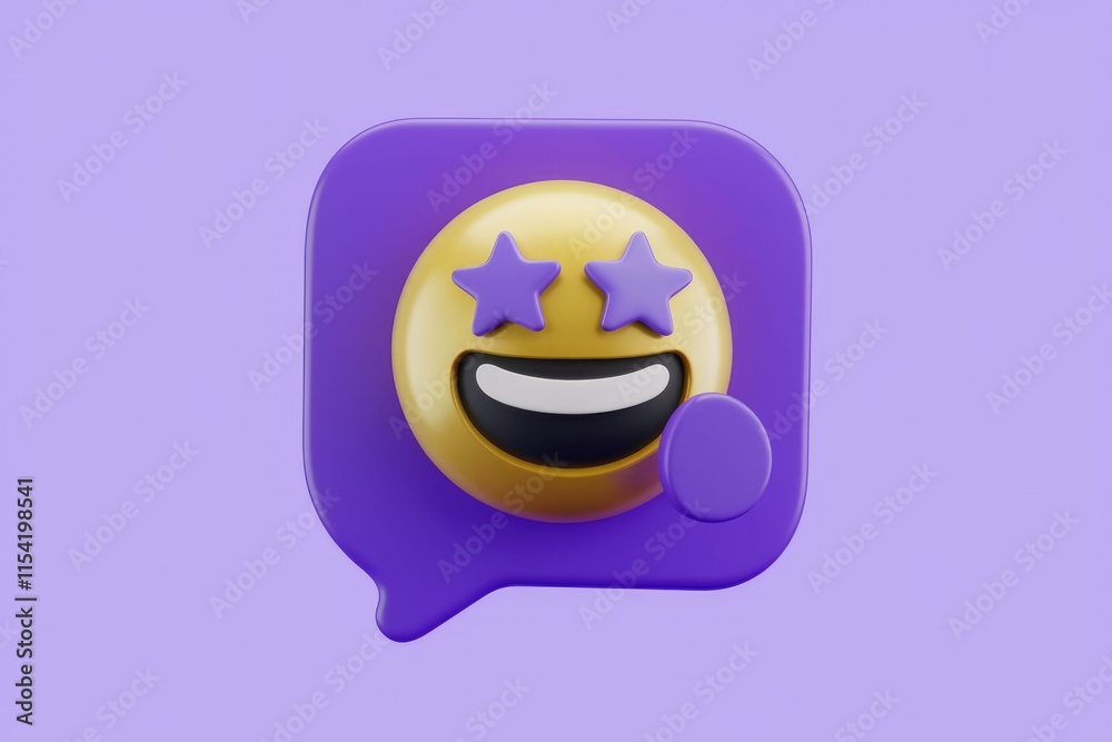 A 3D rendering of a smiling emoticon with stars for eyes inside a purple speech bubble. A 3D rendering of a smiling emoticon with stars for eyes inside a purple speech bubble.