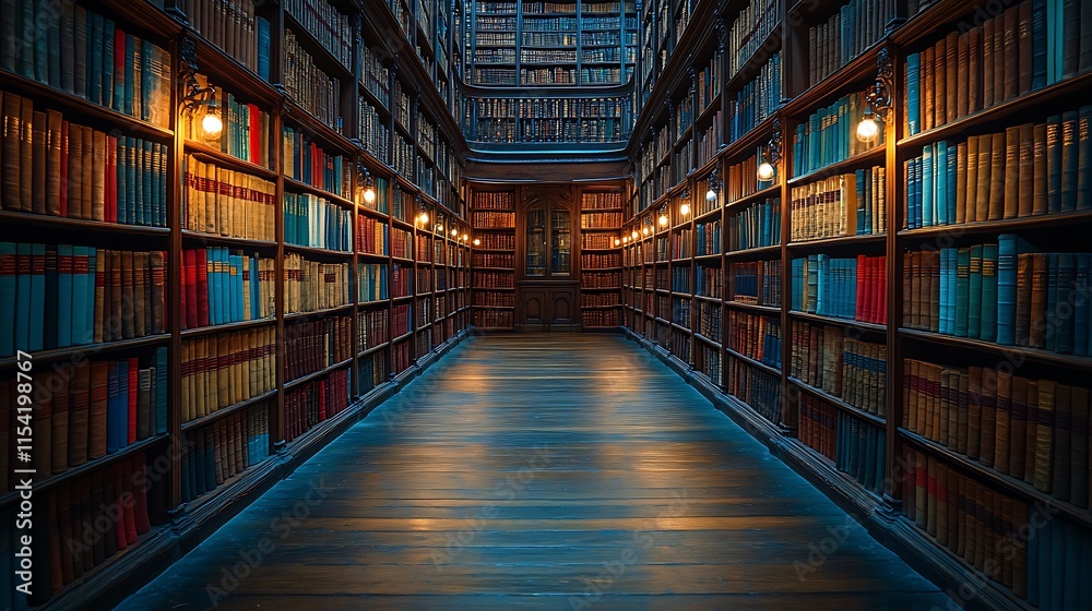 A Long Library Corridor Filled With Ancient Books A Long Library Corridor Filled With Ancient Books
