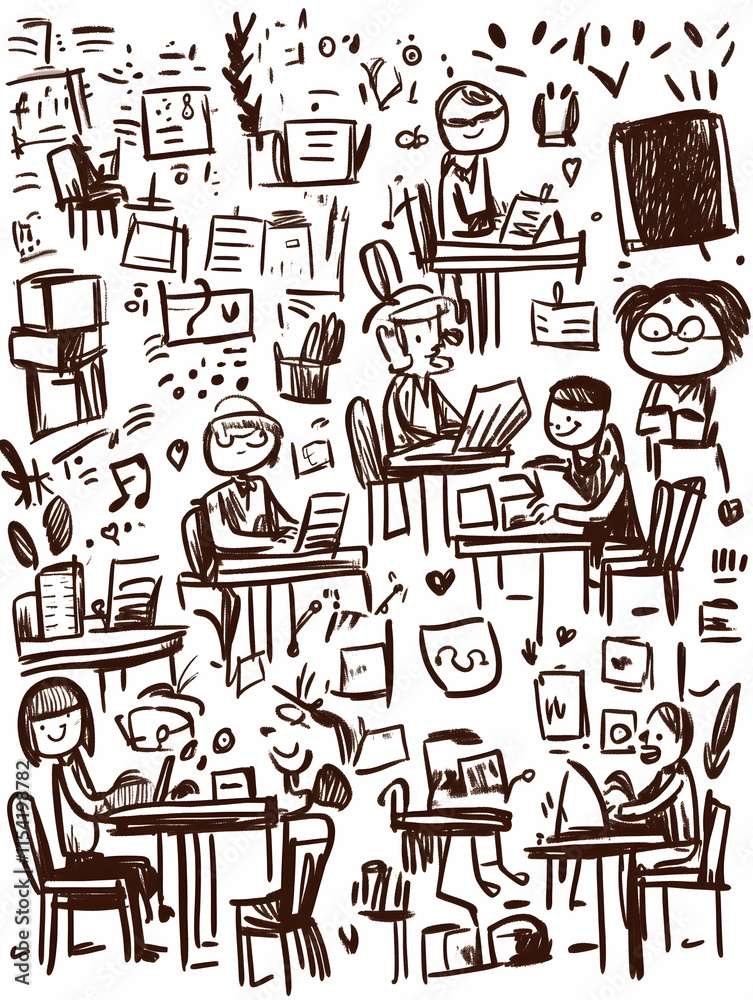 Busy Office Workers Sketch, Collaborative Teamwork, Desk Chaos, Background Scribbles, Project Illustration. Busy Office Workers Sketch, Collaborative Teamwork, Desk Chaos, Background Scribbles, Project Illustration.
