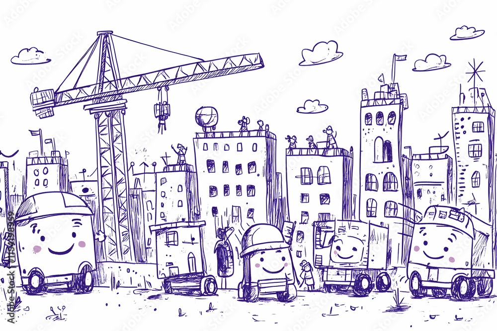 Obraz premium Cartoon City Construction Happy Vehicles & Crane Building Skyline.