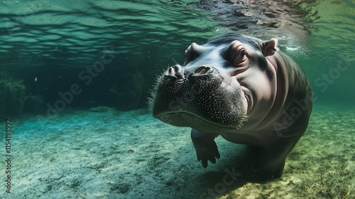 A hippo underwater, captured at eye level, showcasing its whiskered snout and calm surroundings.