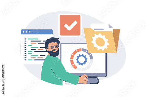 System administrator web concept with flat cartoon people for website design. Man doing optimization to programs of server infrastructure, fixing program code and monitoring. Vector illustration.