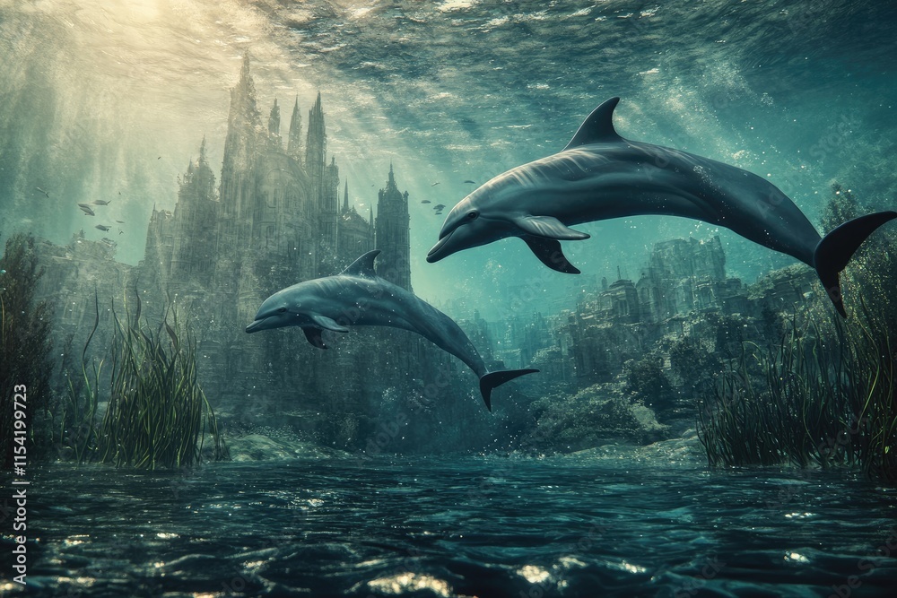 Obraz premium Dolphins Swim Past Sunlit Submerged Castle Ruins