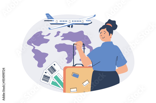 Travel and tourism web concept with flat cartoon people for website design. Woman with luggage booking airline tickets and flying in global trip with visiting new countries. Vector illustration.