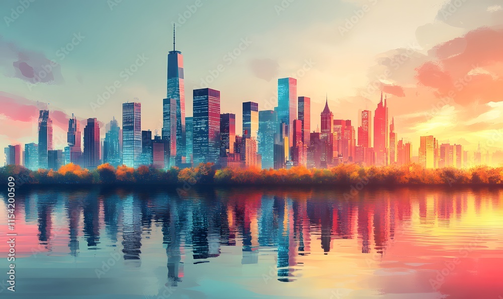 Fototapeta premium Panoramic View of a Modern City with Contemporary Buildings and Urban Energy