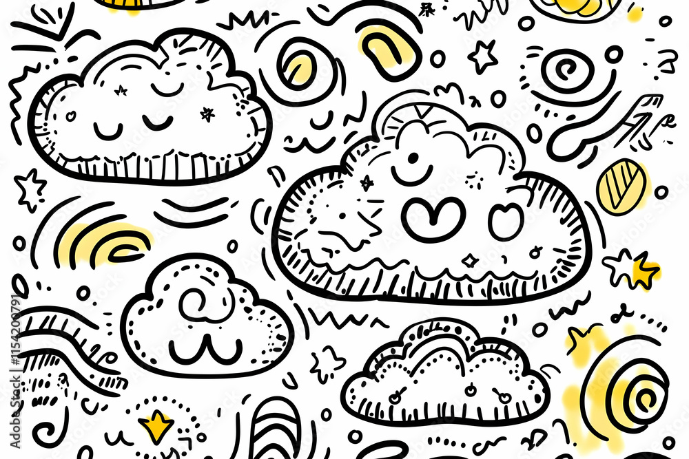Cute Doodle Clouds Pattern, White Background, Yellow Accents, Design, Illustration. Cute Doodle Clouds Pattern, White Background, Yellow Accents, Design, Illustration.