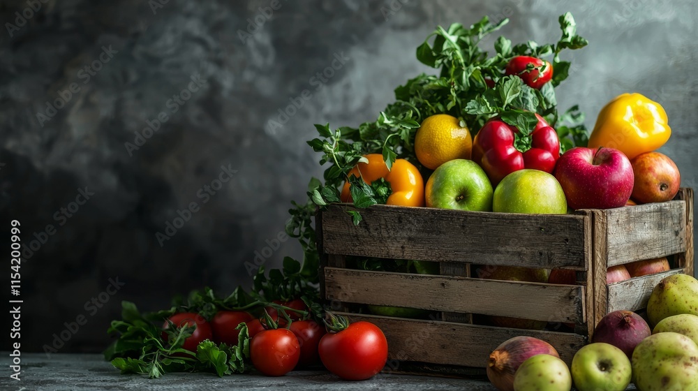 Fresh produce in a rustic wooden crate Fresh produce in a rustic wooden crate