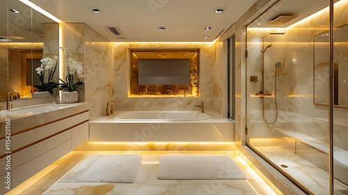 Luxurious modern bathroom with onyx walls, freestanding tub, and glass shower.