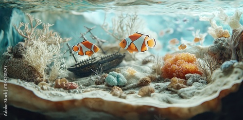 Two Clownfish Swim Near Sunken Ship In Aquarium photo