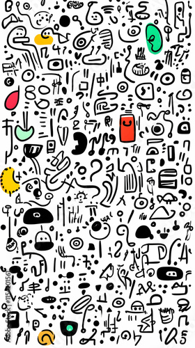 Doodle art background texture, abstract design, white backdrop, playful shapes, website graphic.