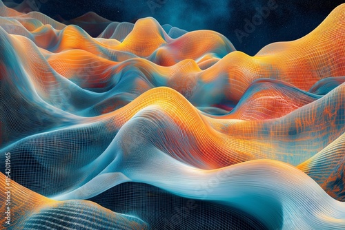 Abstract Digital Data Landscape: Flowing Waves and Grid Patterns