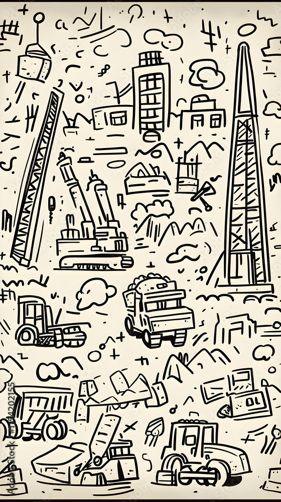 Fototapeta premium Doodle Cityscape Construction Vehicles & Urban Development Illustration.