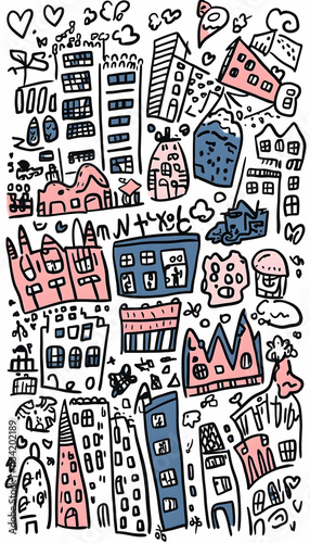 Doodle Cityscape Illustration Buildings, Icons, Background, Design, Urban, Kids, Art, Graphic, Website.