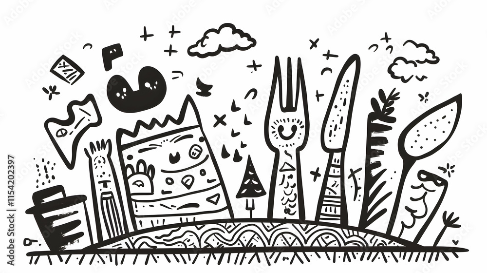 Doodle Food City Skyline Illustration, Background Design, Menu Graphic. Doodle Food City Skyline Illustration, Background Design, Menu Graphic.