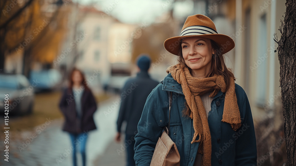 Smiling woman in hat enjoys a stroll along the city street in autumn. Smiling woman in hat enjoys a stroll along the city street in autumn.