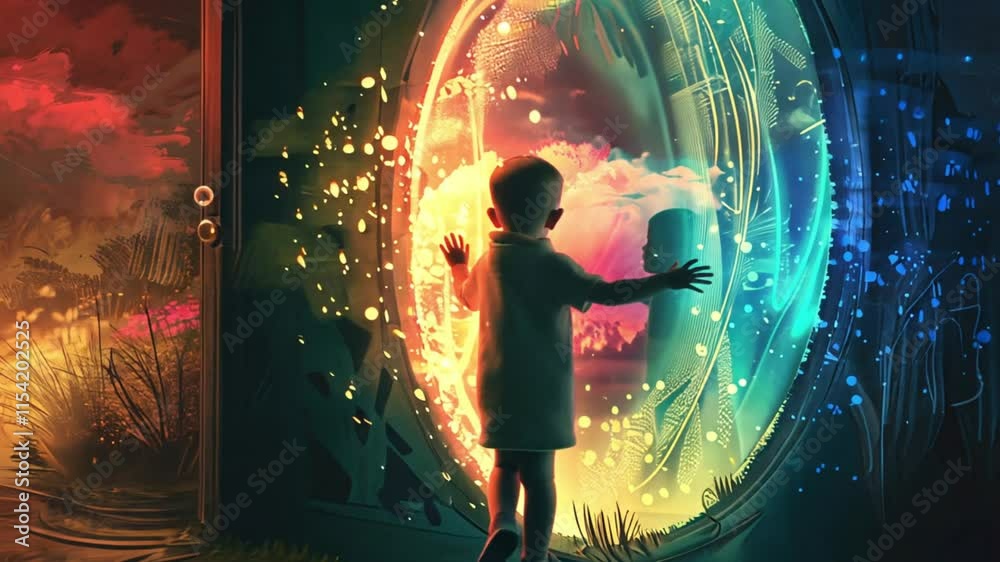 A child touches a glowing mirror, entering a world of fantasy and wonder beyond imagination.