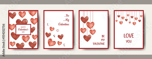 Watercolor Valentine’s Day Card collection with Red Hearts. Romantic Greeting Card for Valentine’s Day, Anniversary, and Print Use.