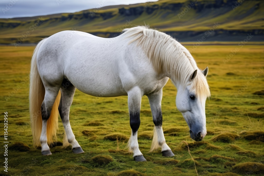 there is a white horse standing in a field eating grass