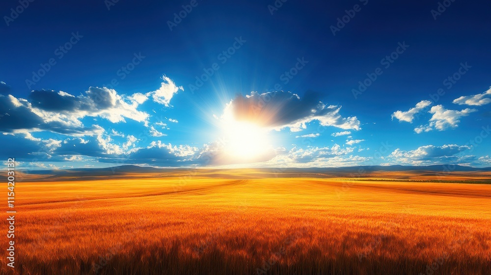 Sunlight spreads over golden wheat fields, illuminating the landscape against a blue sky Sunlight spreads over golden wheat fields, illuminating the landscape against a blue sky