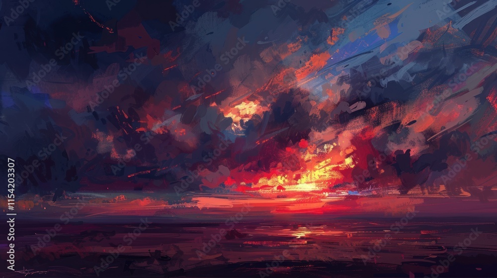 Fototapeta premium Fiery sunset reflected on calm water.