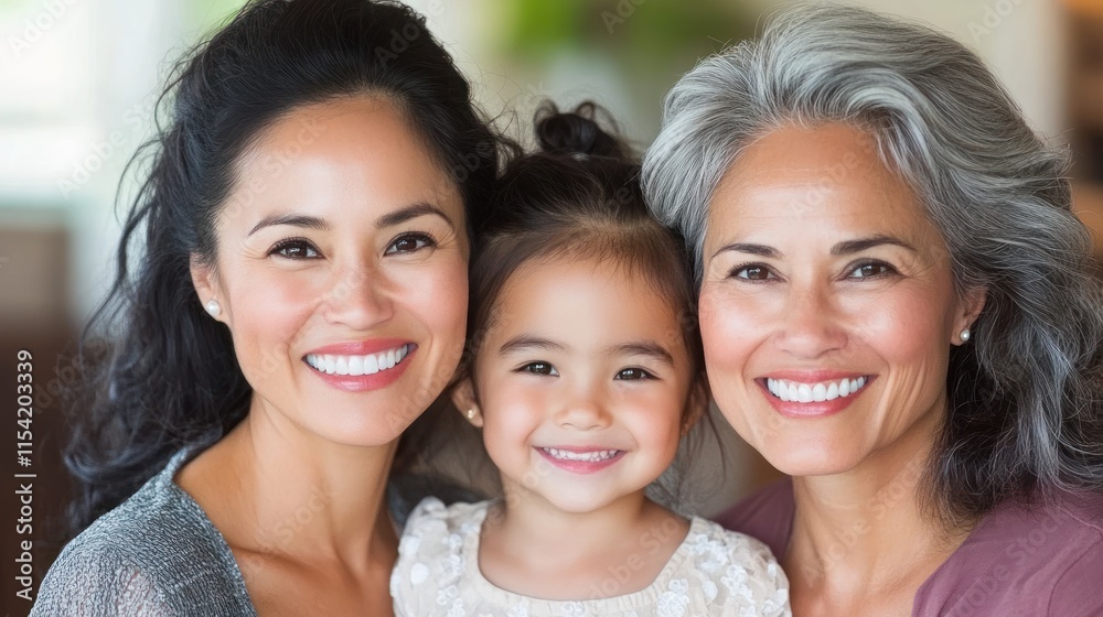 Three happy women, a grandmother, mother, and daughter, share smiles in a warm home environment Three happy women, a grandmother, mother, and daughter, share smiles in a warm home environment