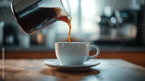 Pouring freshly brewed coffee into a white cup at a cozy kitchen. 