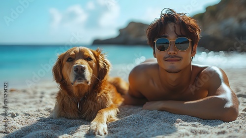 Beach Bliss: Man and Dog Relax on Sandy Shore