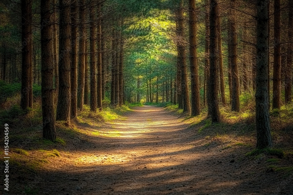 Fototapeta premium Sunlight filters through tall trees, illuminating serene forest