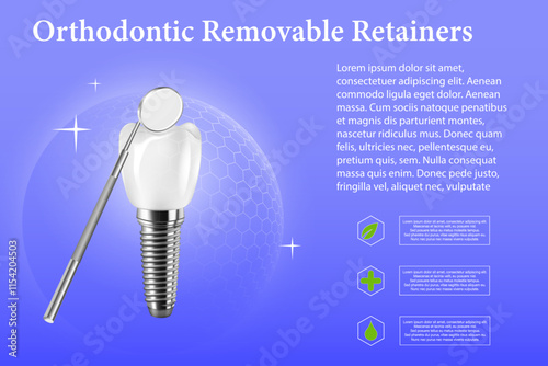 3D realistic composition of dental implantation. Illustration of dental activity.