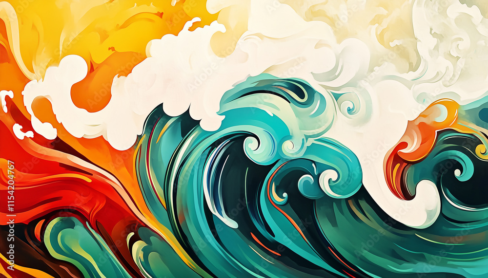 Vibrant Abstract Wave Art with Fiery and Oceanic Hues Vibrant Abstract Wave Art with Fiery and Oceanic Hues