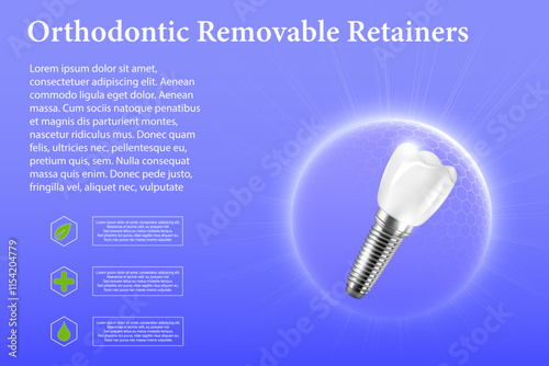 3D realistic composition of dental implantation. Illustration of dental activity.