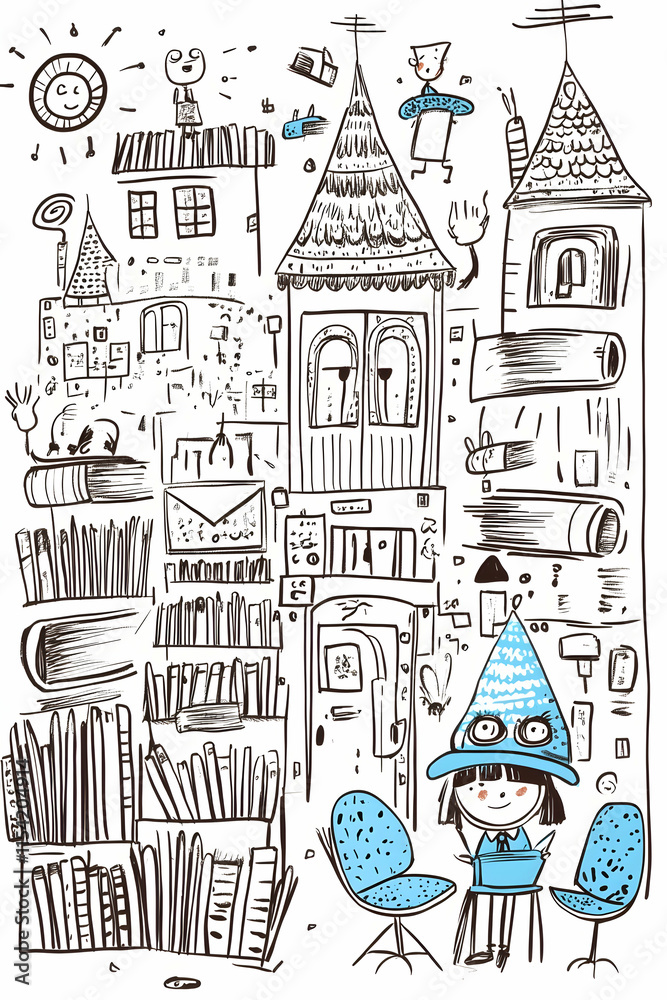 Fototapeta Girl reading in whimsical book-filled town illustration, for children's book or education.
