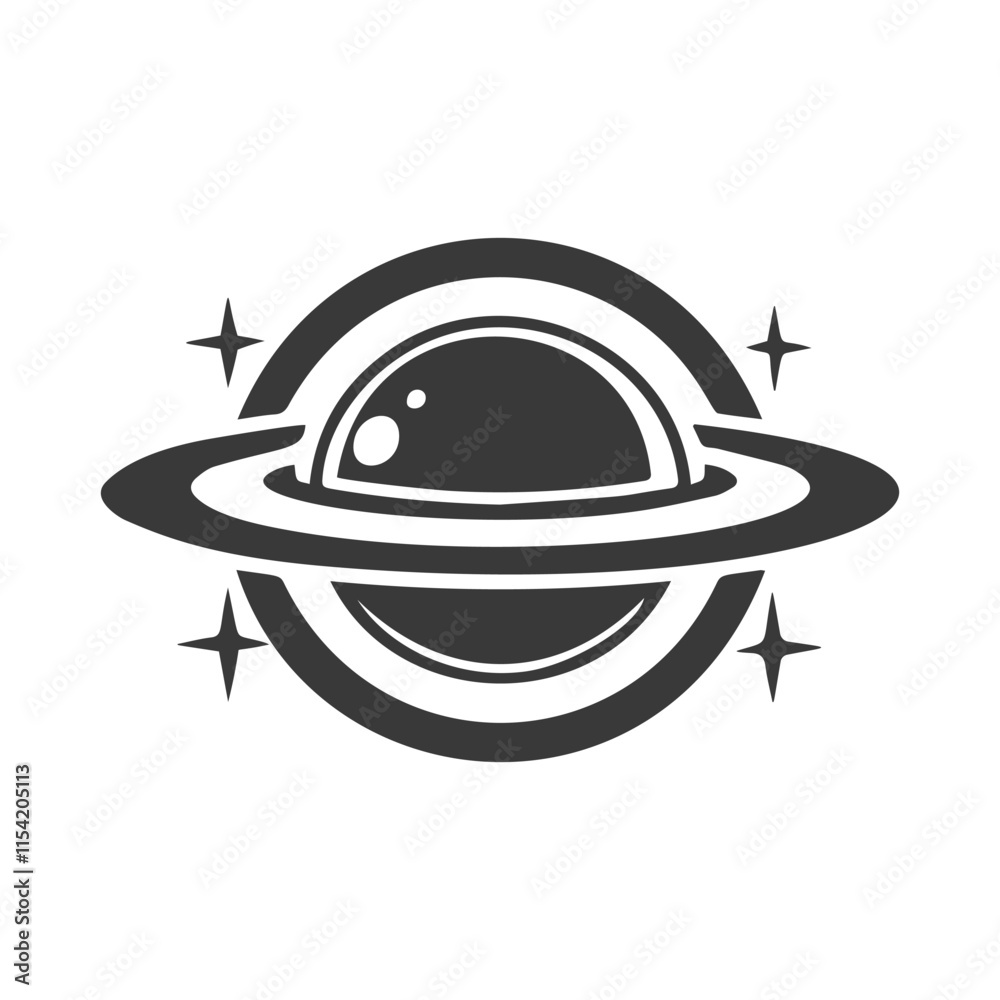 Fototapeta premium Vector Black and White Saturn Planet Icon with Rings and Stars