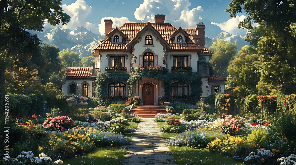 Fototapeta premium Luxurious house with a beautiful garden and mountains in the background.